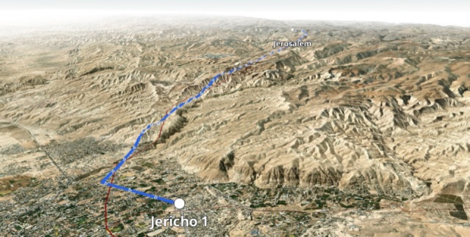 Jericho → Jerusalem route with place labels and direction arrows on 3D terrain.