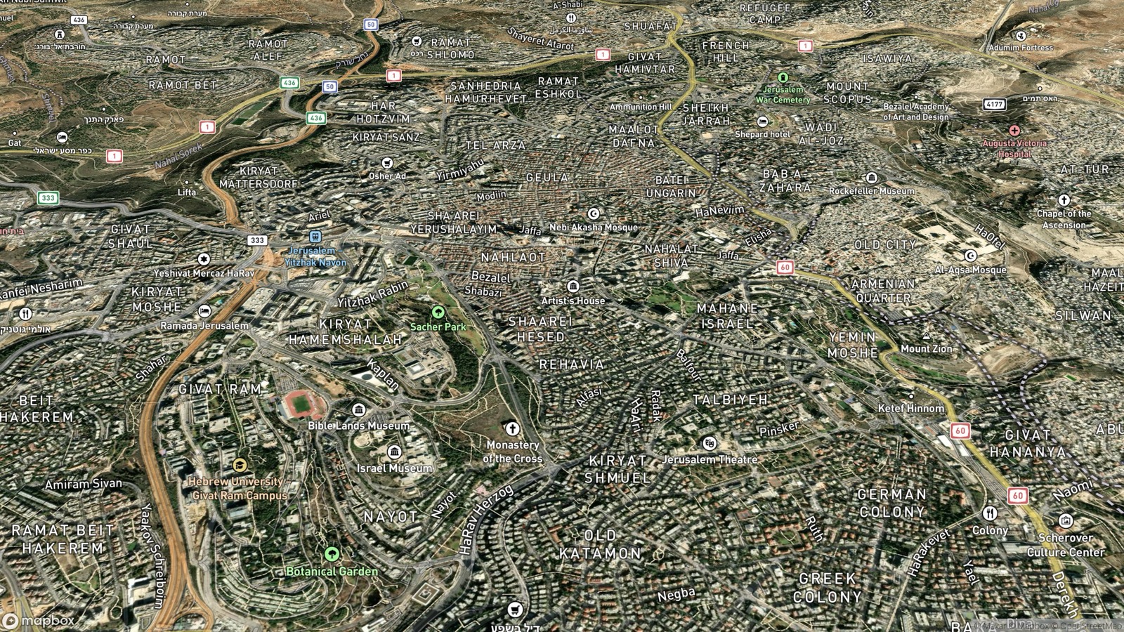 Modern Jerusalem satellite texture — turn city context on when useful.