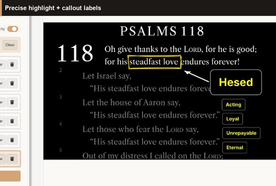 Precise highlight + callout labels — bible annotation that teaches a word (e.g. hesed) without leaving the passage.