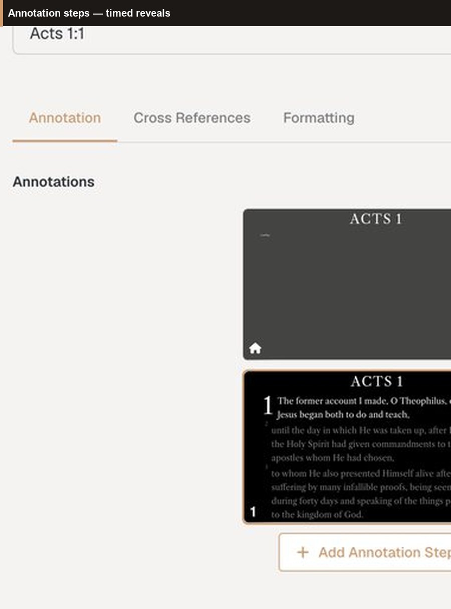 Annotation steps — timed reveals, one phrase at a time.