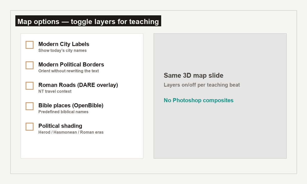 Map options checklist — Modern City Labels, Modern Political Borders, Roman Roads (DARE), Bible places (OpenBible), Political shading.