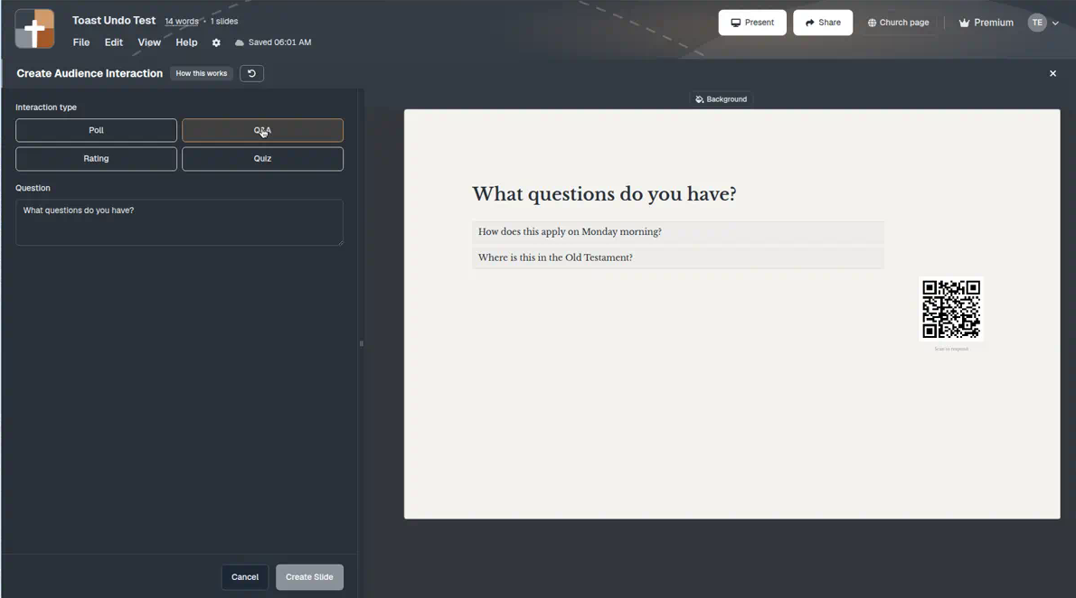Q&A — phone questions stay off the projector until you approve them.