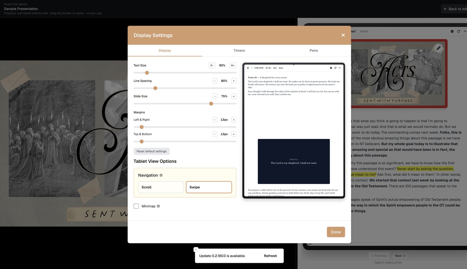 Display Settings — adjust text size and slide scale for your room.