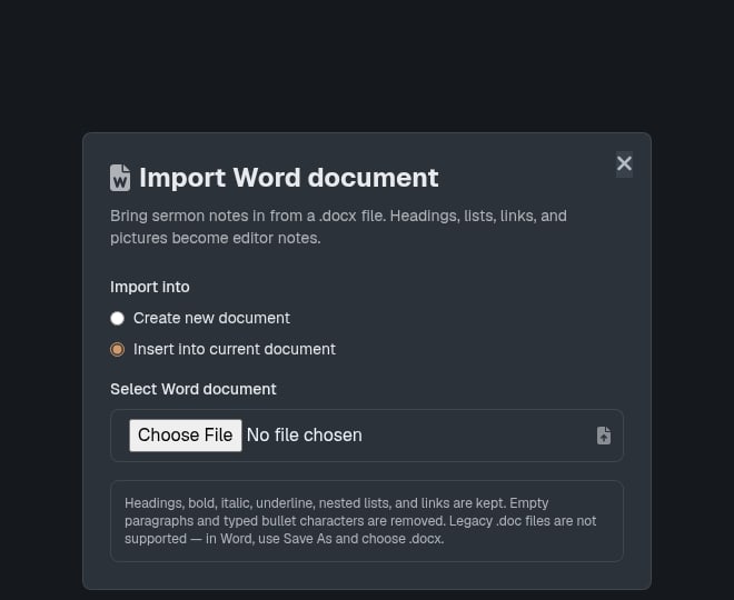 Import Word document, with a presentation already open, so Insert into current document is selected.