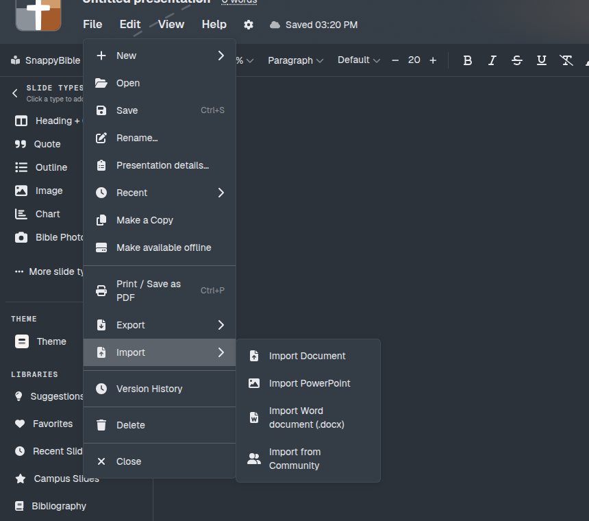 File → Import, with Import Word document (.docx) next to Import Document and Import PowerPoint.