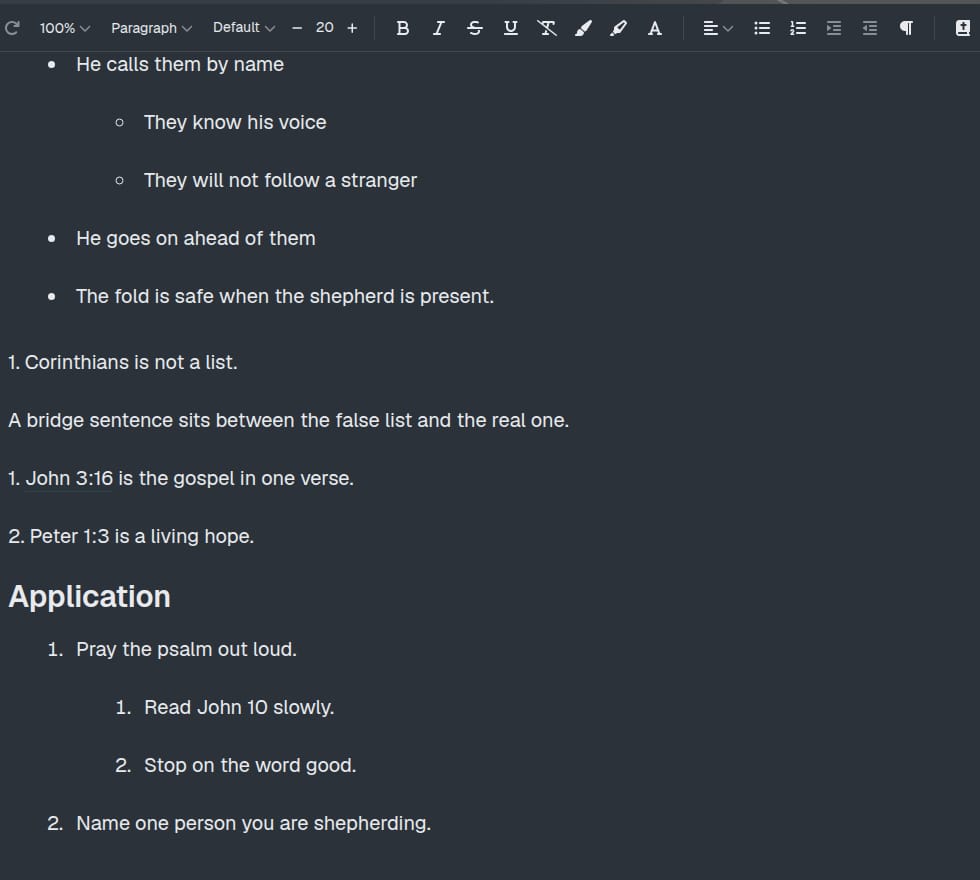 Further down the same notes: typed bullets became a list, and “1. John 3:16” stayed a sentence. The application points became a numbered list.