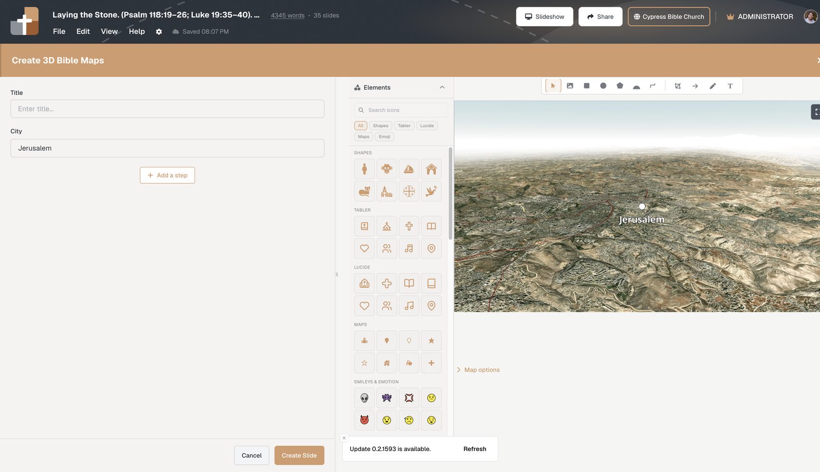 Create 3D Bible Maps — Jerusalem pinned on terrain; Map options control teaching layers.