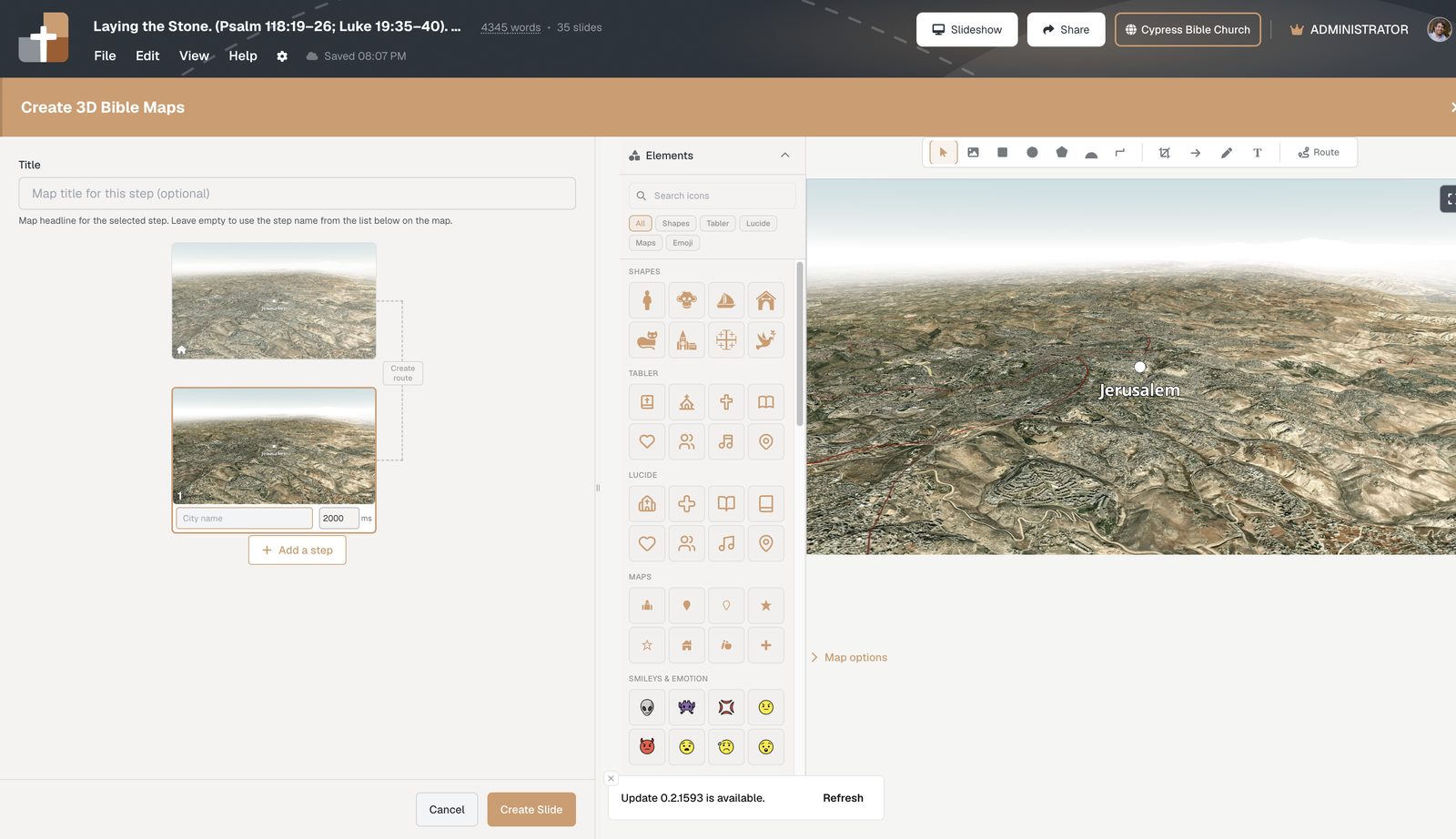 Maps modal with journey steps and Create route between stops.
