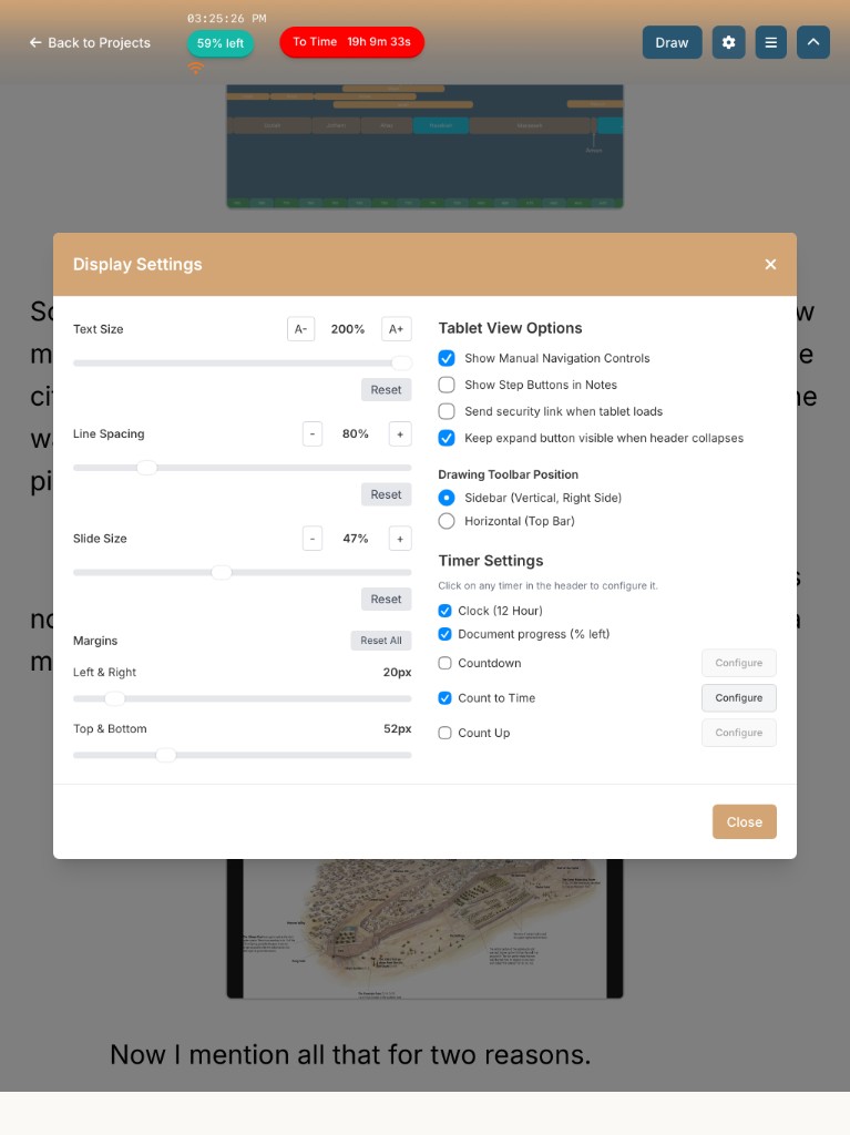 Display settings on a tablet — mirror the same checks on your media laptop: output resolution, extend vs mirror, and which screen is primary.