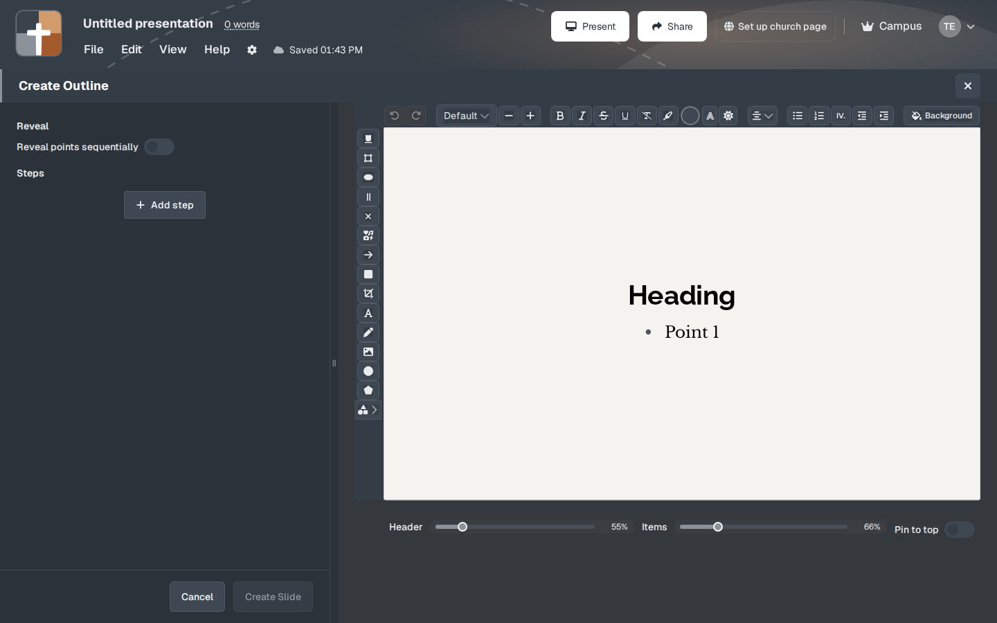 The Create Outline window