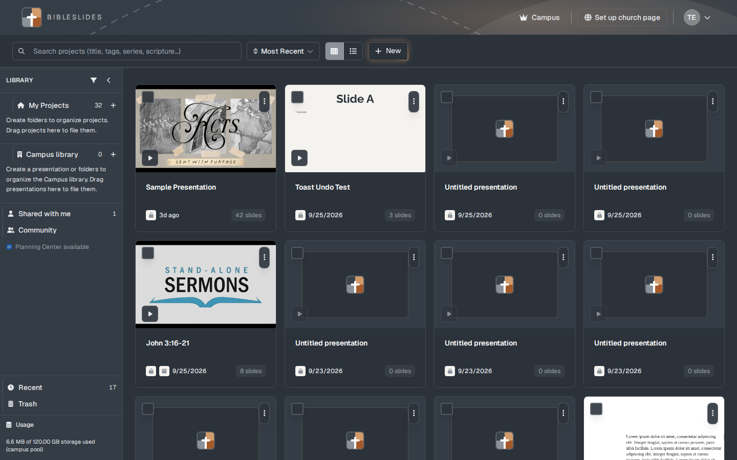 My Projects, with New in the toolbar