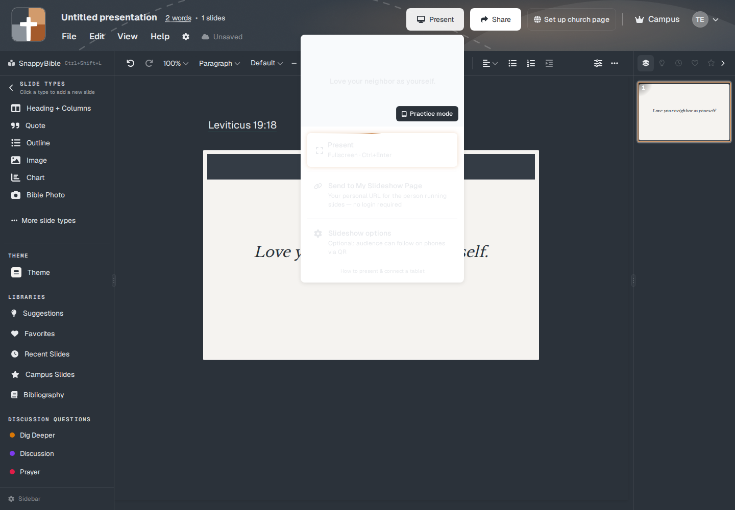 The Present menu: Practice mode, Present, and Slideshow options