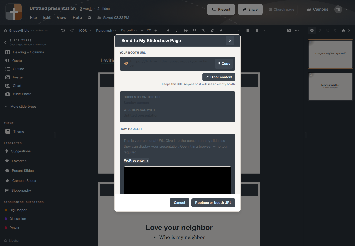 ProPresenter steps on the booth URL window