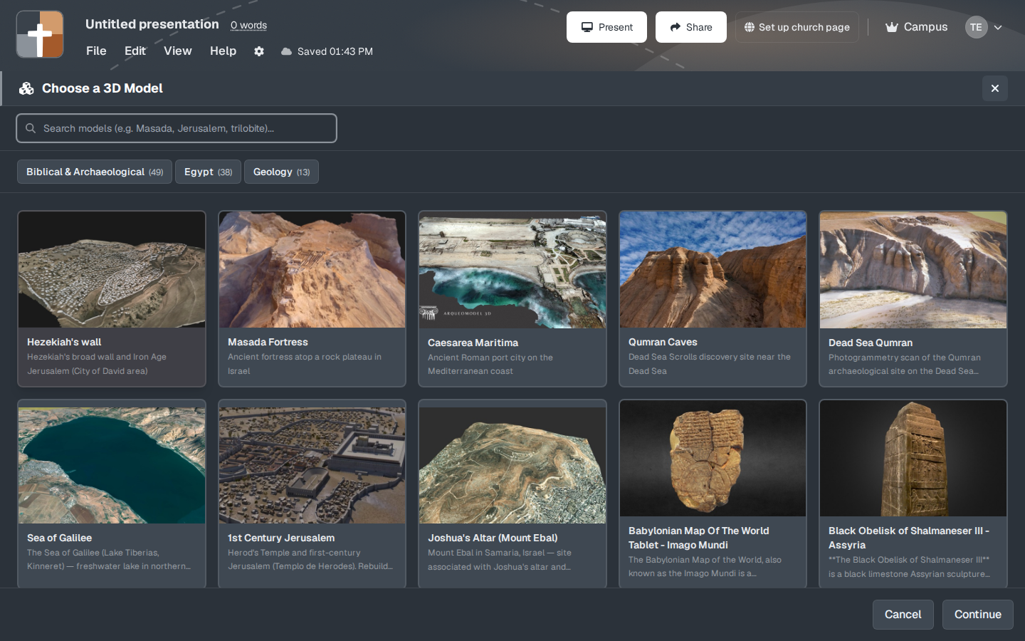 Choose a 3D Model. The list opens on Biblical and Archaeological sites.