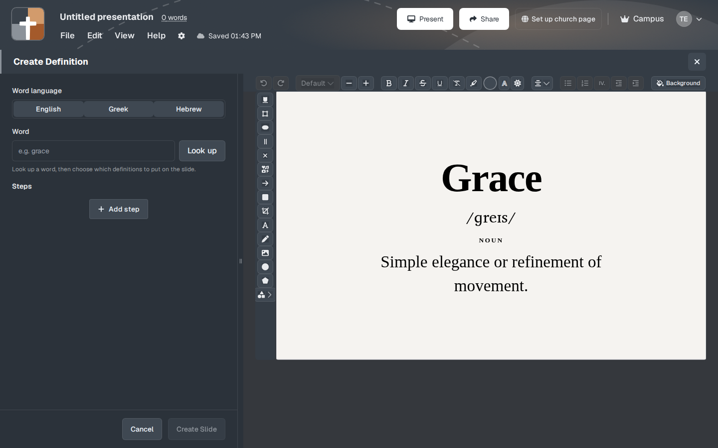 Create Definition, opened on the sample word Grace