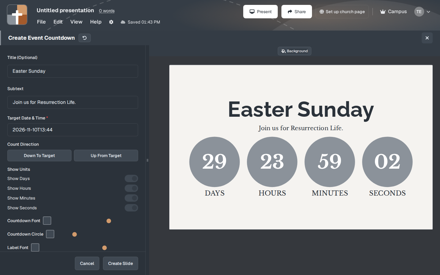 Create Event Countdown, with an Easter Sunday preview