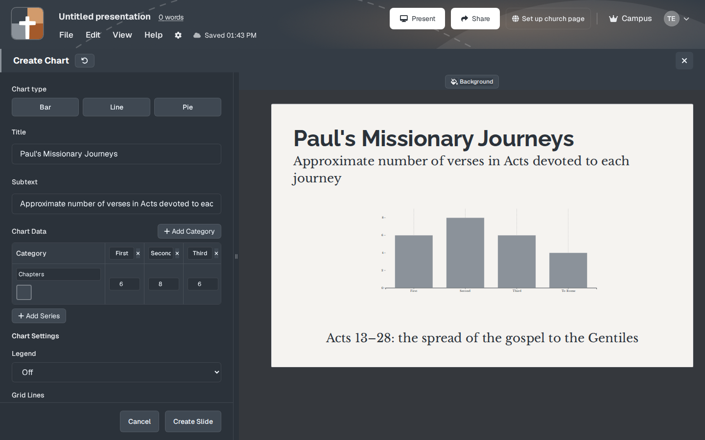 Create Chart. Pie is the third chart-type button.