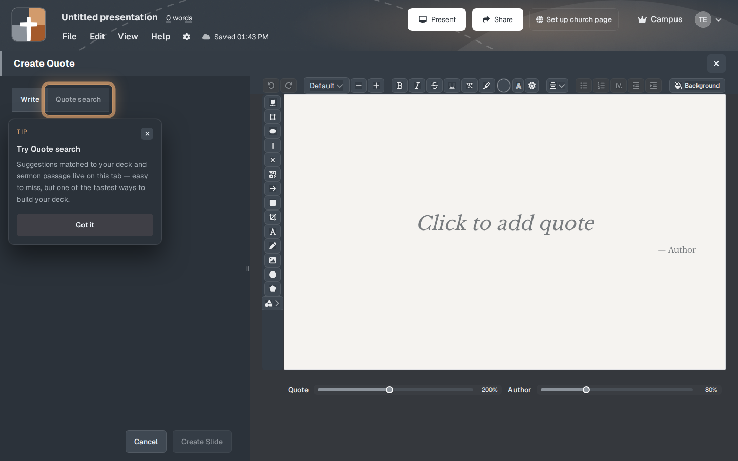 The Quote window. A tip may point you at Quote search the first time.