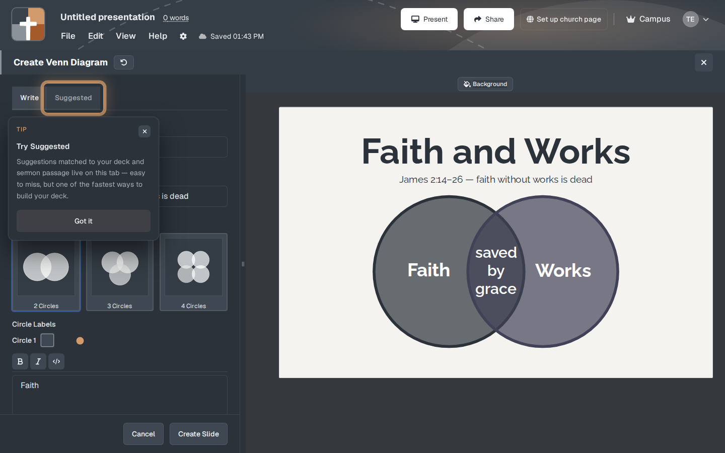 Opening Venn Diagram can show a tip about Suggested before the circles.