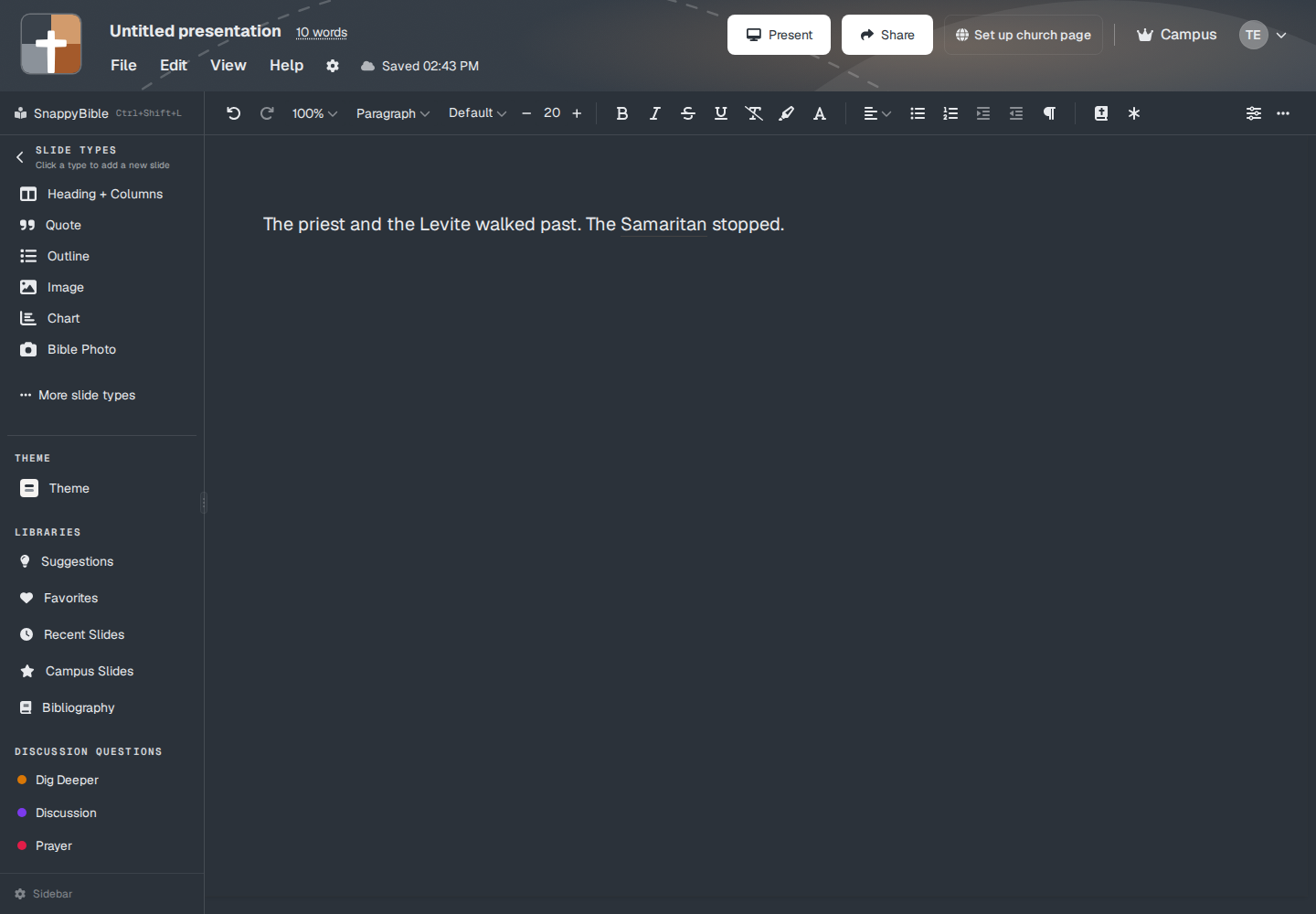 An open presentation: sidebar, notes, and the slide panel