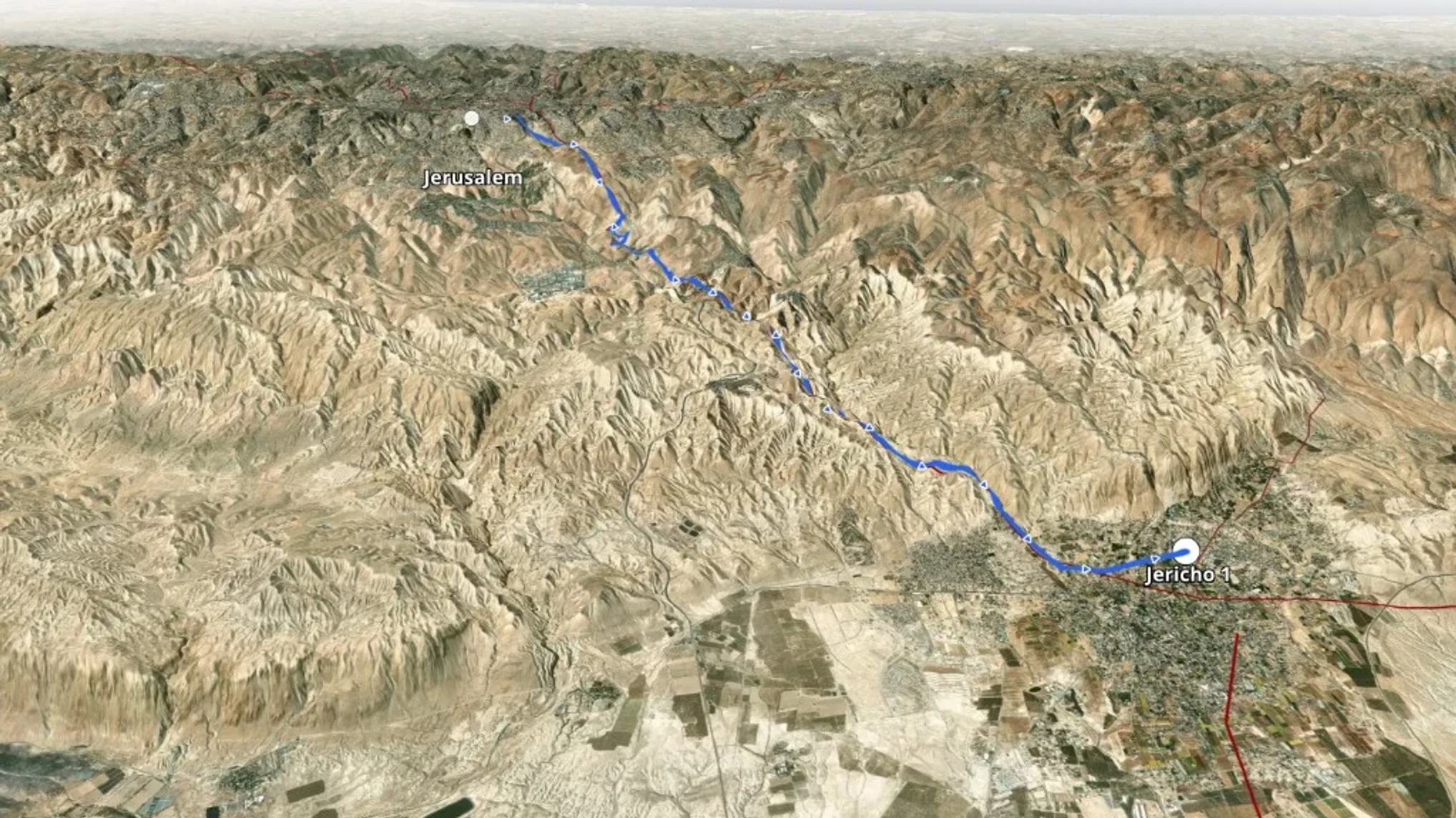 3D live map — customizable route from Jerusalem to Jericho with direction arrows