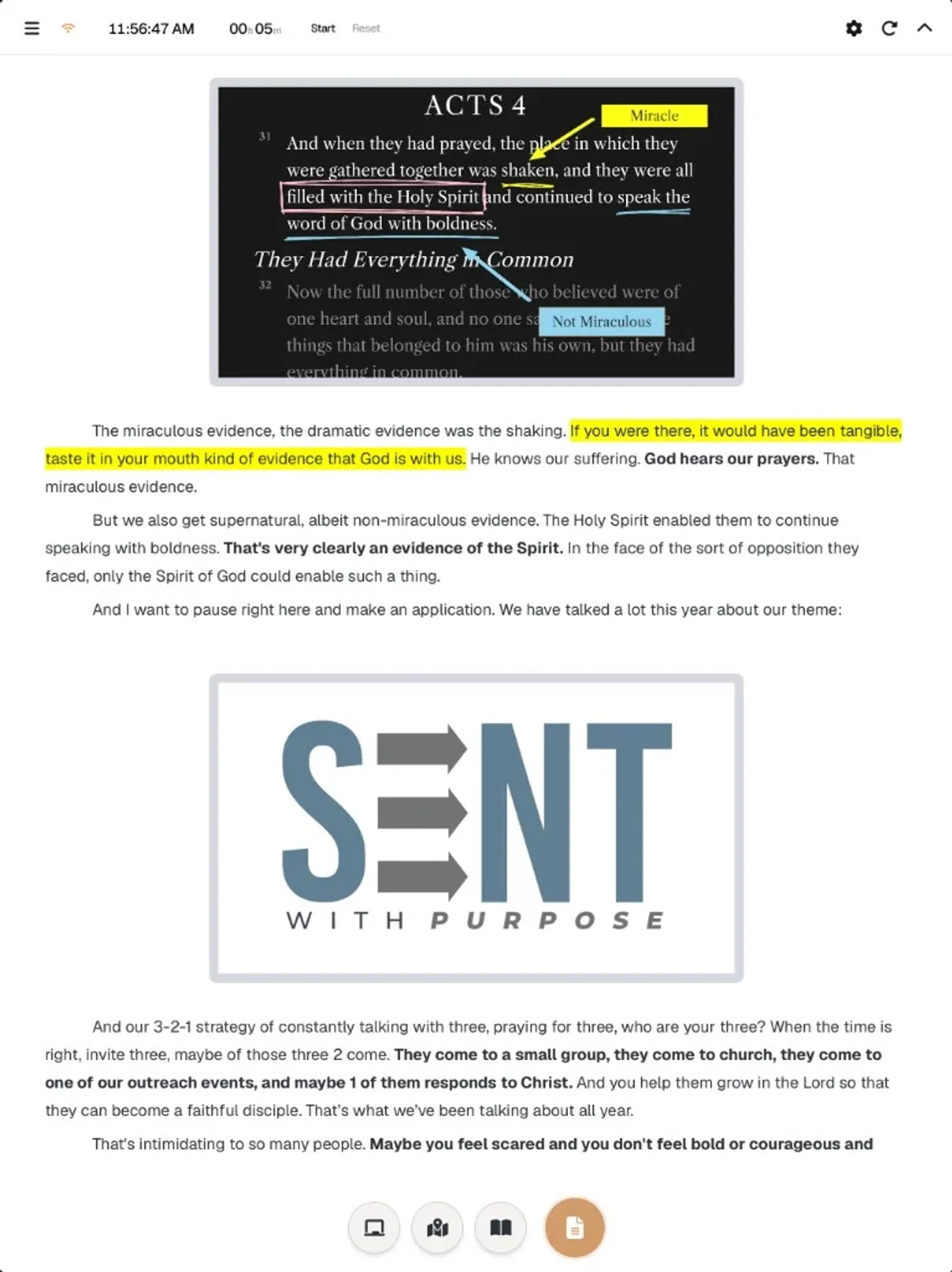 Tablet view — sermon notes interlaced with slides