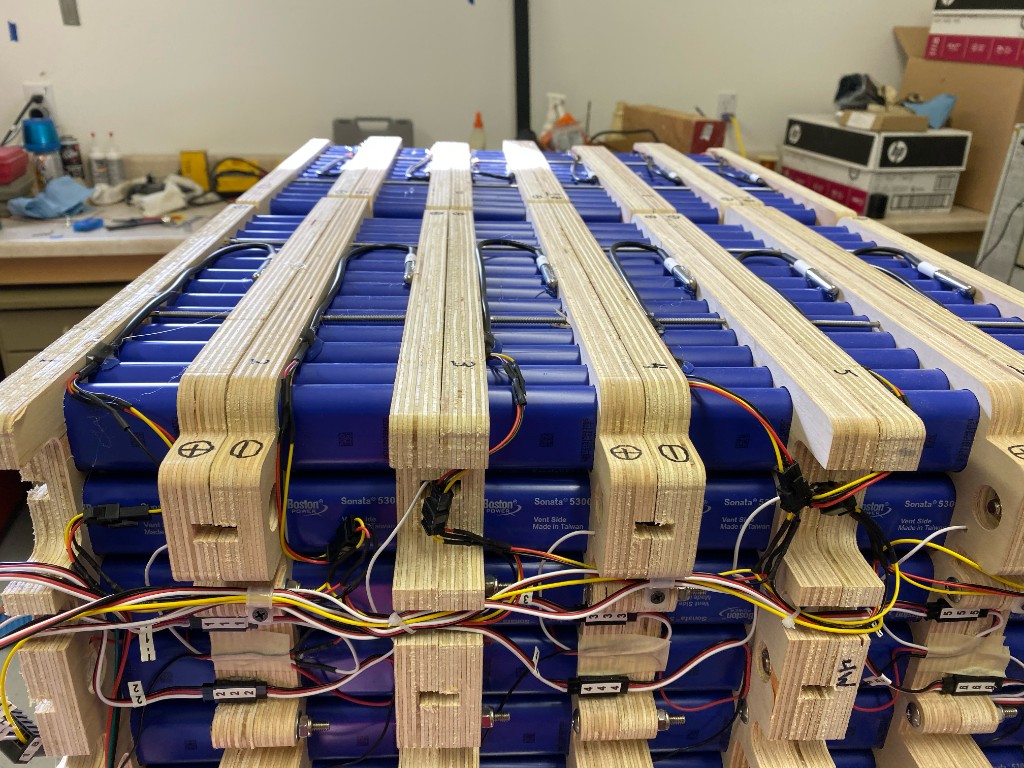 Wooden-framed Boston Power lithium cell pack with colored balance wiring